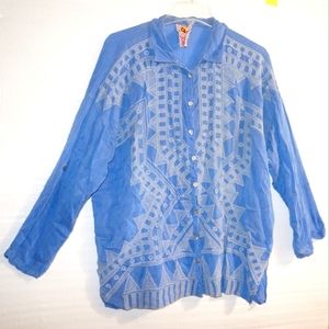 Johnny Was Blue long-sleeved top  Geometric Design